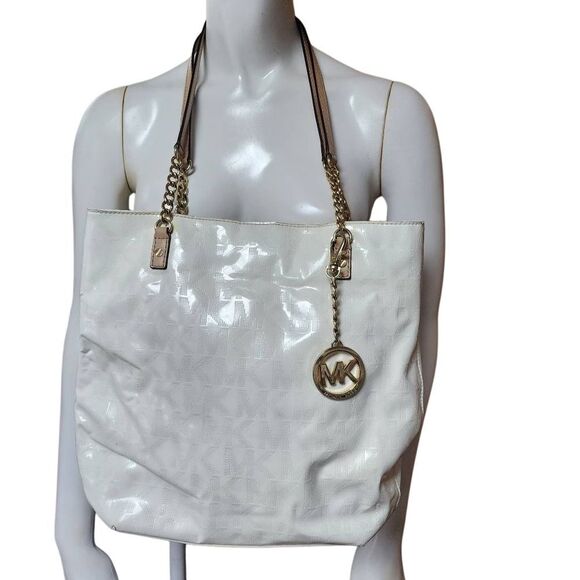 Michael Kors Cream MK Patent Leather Tote Bag - Picture 1 of 12